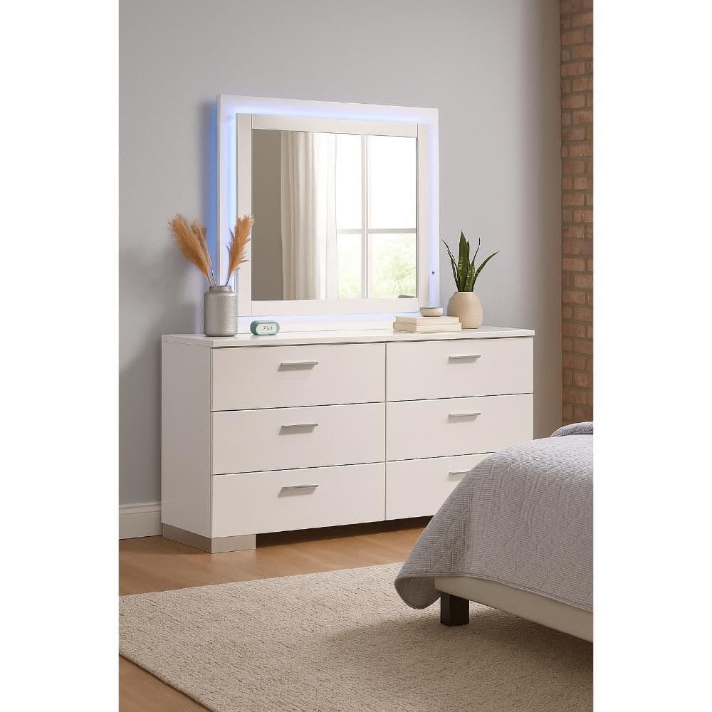 white and silver dresser set Sok Wide Dresser with LED Mirror | 6 Drawers