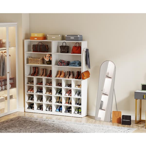 70.9 in. H x 25.6 in. W White Engineered Wood 24-Pairs Tall Shoe Storage Cabinet with Side Hooks, Shoe Rack for Entryway