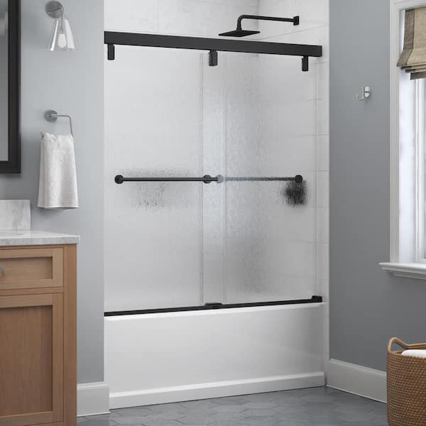 Delta Mod 60 in. W x 59-1/4 in. H Soft-Close Frameless Sliding Bathtub Door in Matte Black with 1/4 in. Tempered Rain Glass