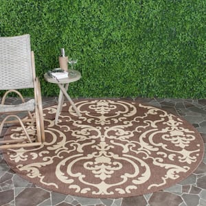 Courtyard Chocolate/Natural 5 ft. x 5 ft. Round Border Indoor/Outdoor Patio  Area Rug