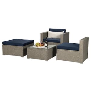 Gray 4-Piece Wicker Patio Conversation Sectional Seating Set with Navy Cushion