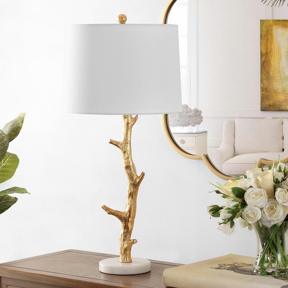 Gold Leaf Tree Branch Table Lamp with White Shade