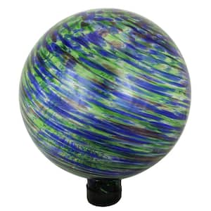 10 in. Green Blue and Black Striped Glass Outdoor Patio Garden Gazing Ball