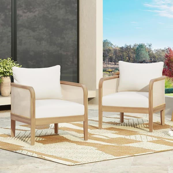Noble House Modern Acacia Wood Frame Outdoor Patio Club Chair with Cushions, (Set of 2), Beige