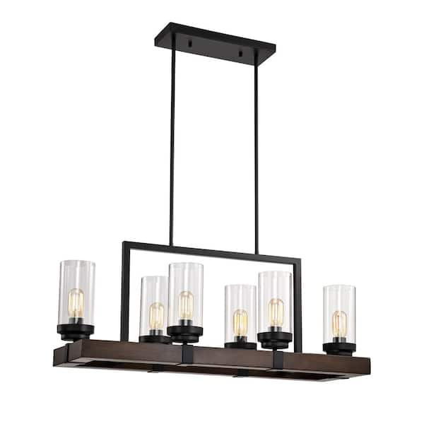 Jushua Matte Black/Wood Grain Metal Chandelier Fixture, 6-Lights ...