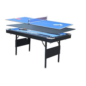 65.75 in. 3 in 1 Fold Multi-Game Table Blue Velvet Cloth Pool Table Ping Pong Table with Steel Frame and Accessories
