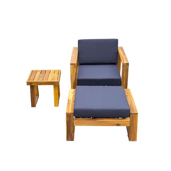 Sudzendf Brown Wood Outdoor Chaise Lounge with Grey Cushions, Ottoman and Coffee Table