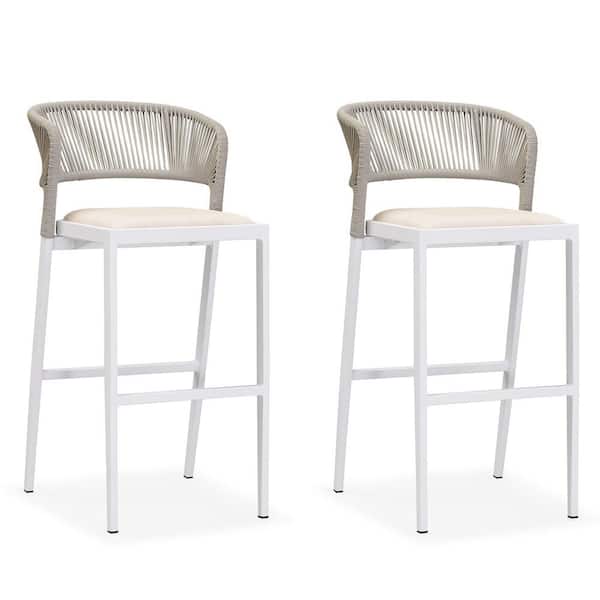 PURPLE LEAF Modern Aluminum Low Back Rattan Bar Height Outdoor Bar Stool with Backrest and White Cushion (2-Pack)