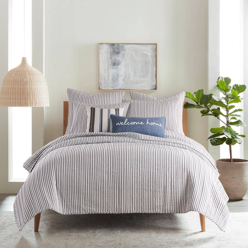 Twin Charcoal Cotton Reversible Stripe Quilt Set