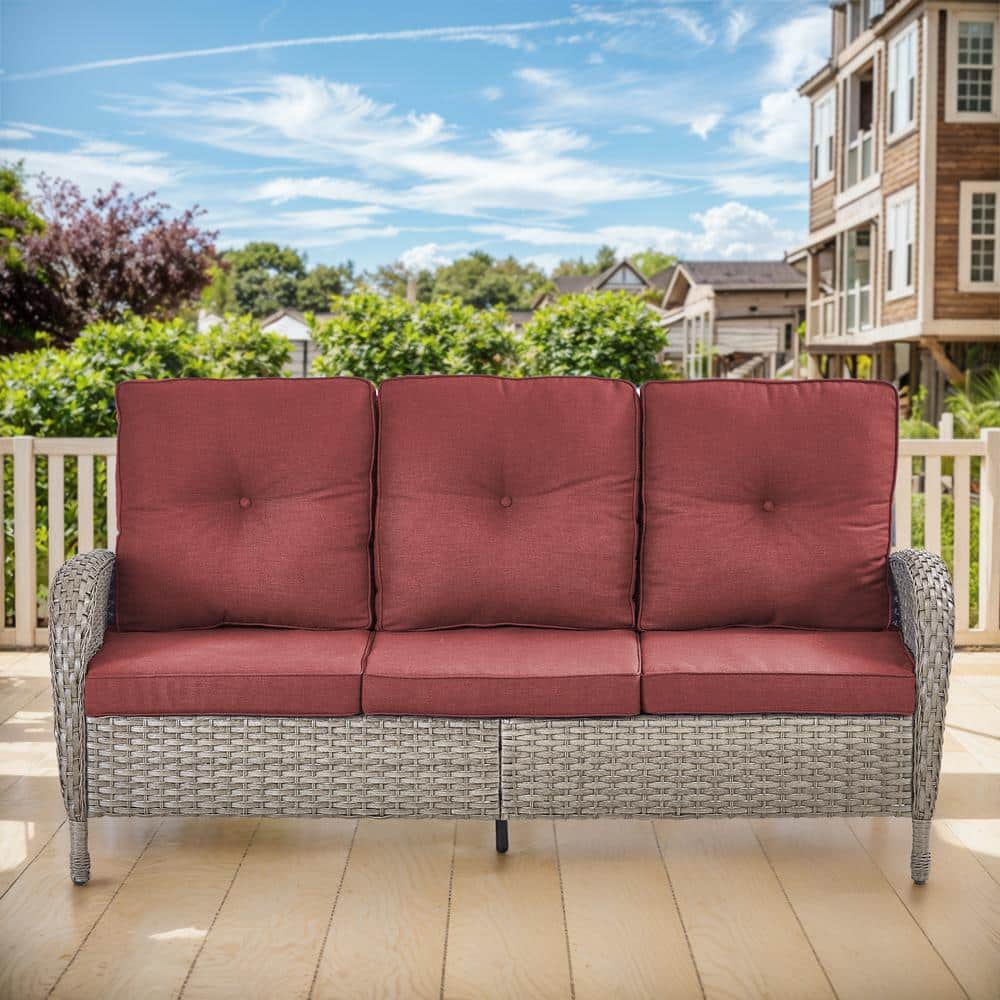 SleekArm 3-Seat Gray PE Wicker Outdoor Sofa with Red Olefin Cushions for Patio/Garden price history on PriceWatchPro