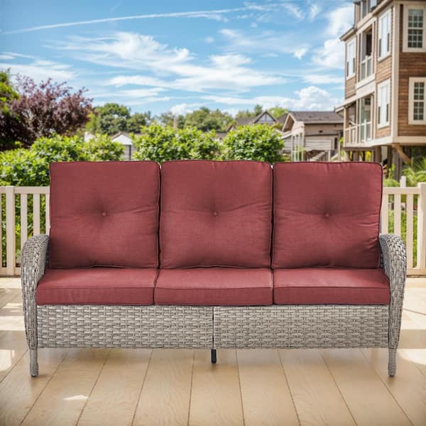 moosprr 3-Seat Gray PE Wicker Outdoor Couch with Red Cushions and Flat Armrests