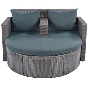 2-Piece All-Weather PE Wicker Outdoor Patio Conversation Set with Side Table for Umbrella, Gray Rattan plus Gray Cushion