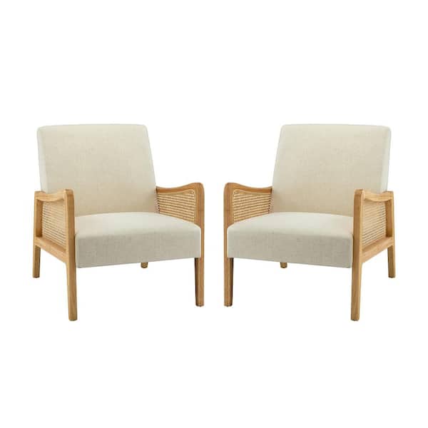 JAYDEN CREATION Finebaik Solid Wood Legs Livingroom ArmChair with Rattan Arm (Set of 2)-Linen