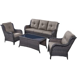 4-Piece Wicker Outdoor Patio Seating Conversation Set Sectional Sofa Glass Coffee Table with Gray Cushions