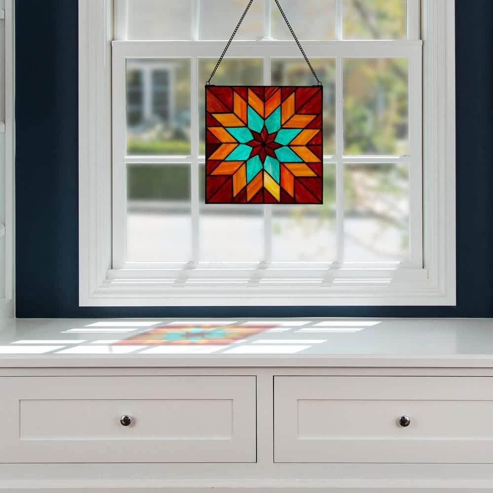 Bold Geometric Floral Stained Glass Window Panel in Red, Teal, and Orange