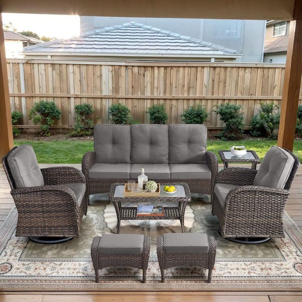 Opohoro Brown 7-Piece Wicker Patio Conversation Set with Swivel Rockers, Outdoor Sofa Seating Set with Olefin Gray Cushions