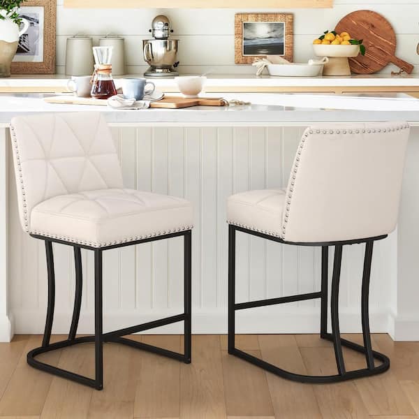 Beige Fabric Bar Stool Metal Frame Upholstered Seat Bar Chair with Backrest Rivet (Set of 2)