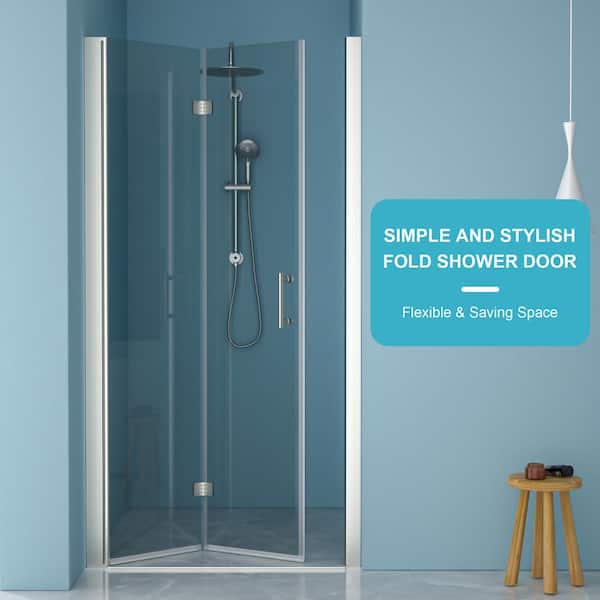 34 in. W x 72 in. H Bi-Fold Aluminum Frame Shower Door in Brunsh Nickel with Clear Glass