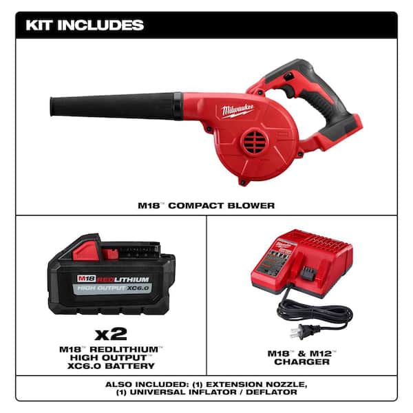M18 18V Lithium-Ion Cordless Compact Blower w/ Two 6.0 Ah Battery and Charger