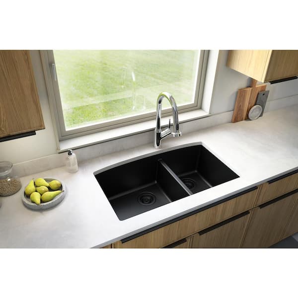 Karran Undermount Quartz Composite 32 in. 60/40 Double Bowl Kitchen Sink in Black