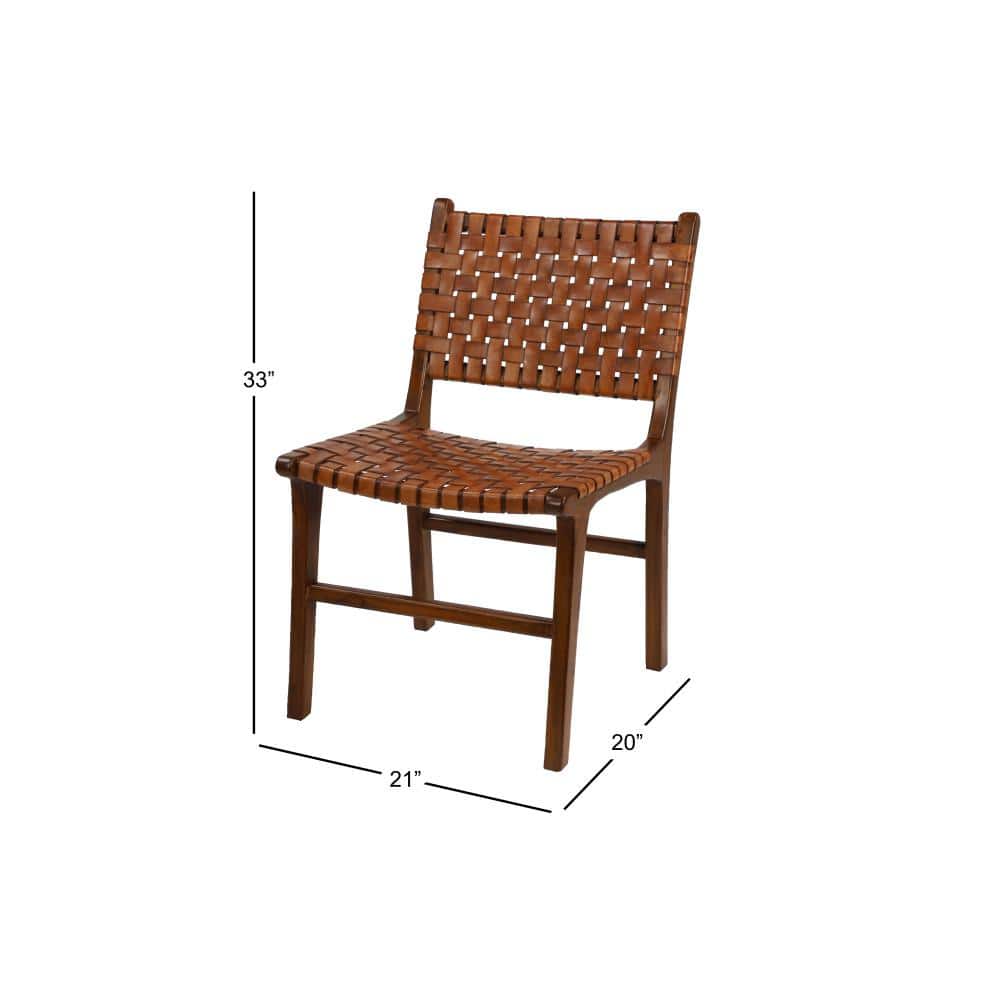 Dimension diagram of a brown woven leather dining chair.
