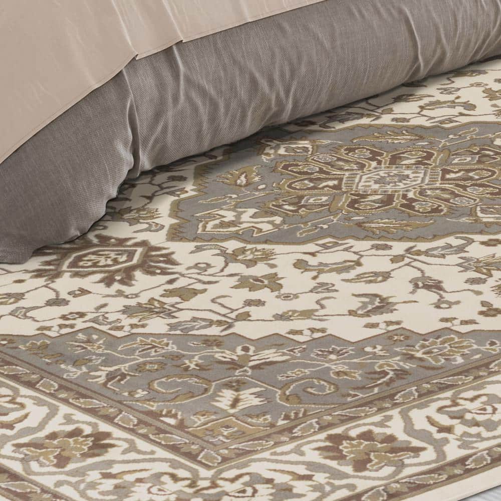 Green and Beige Medallion Synthetic Stain-Resistant Area Rug