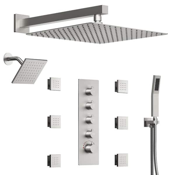 15-Spray 16 in. Shower System with 6 in. Showerhead, Hand Shower and Side Sprayer in Brushed Nickel