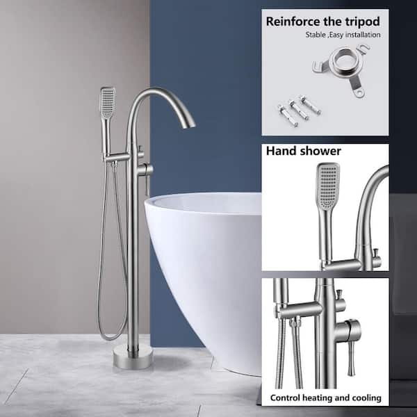 Single-Handle Floor Mount Freestanding Tub Faucet with Hand Shower in Brush Nickel