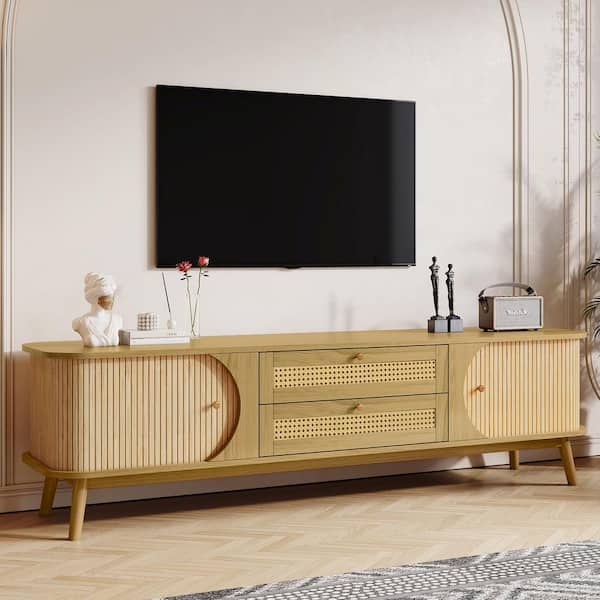 Harper & Bright Designs Natural Wood TV Stand Fits TVs up to 75 in. with Waterproof Tabletop, Rattan Drawers, Sliding Solid Wood Doors
