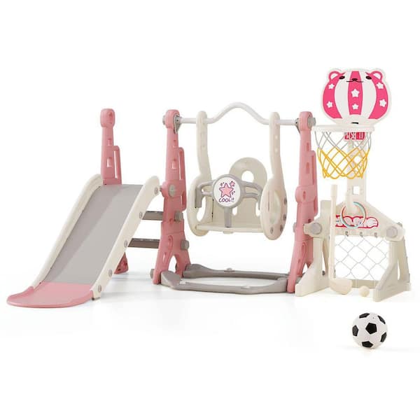 Toddler Swing and Slide Set-6-in-1 with Basketball Hoop, Golf and Ring Toss, ASTM Certified Playground for Kids Ages 1-4