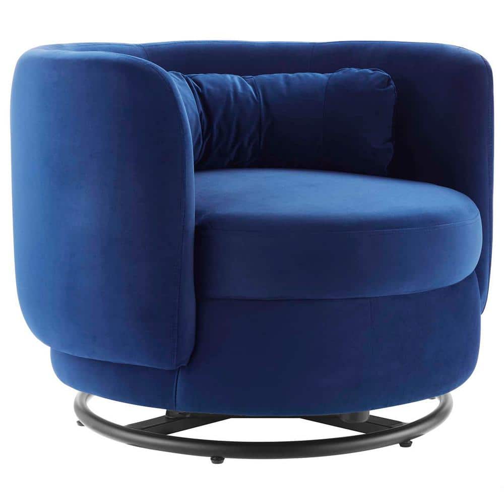 Luxurious Black Navy Velvet Swivel Accent Chair with Wood Accents