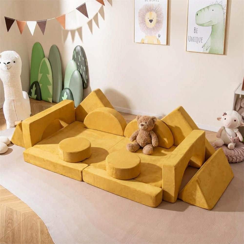14-Piece Yellow Microsuede Modular Kids Play Couch Child Sectional Sofa Toddler Soft Playset