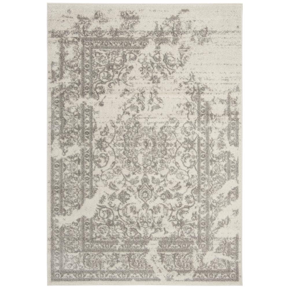 Ivory and Silver Floral Rectangular 5' x 7' Area Rug