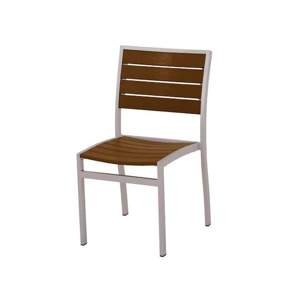 POLYWOOD Euro Textured Silver All-Weather Aluminum/Plastic Outdoor Dining Side Chair in Teak Slats
