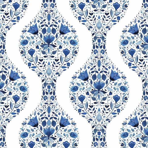 NextWall Bluestone Floral Ogee Vinyl Peel and Stick Wallpaper Roll (30.75 sq. ft.)
