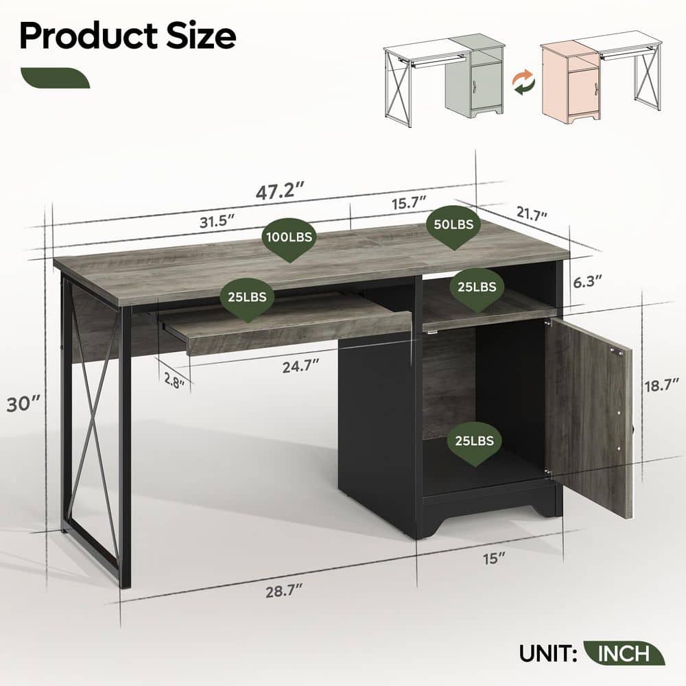 47.2 in. Rectangular Gray Reversible Office Desk with Storage Magnetic Cabinet,Study Writing Desk with Keyboard Tray - Thumbnail 5