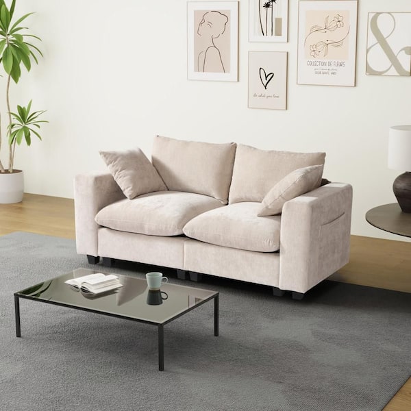Lucca 70 in. Plush Chenille Upholstered Square Arm Modular Loveseat w/ USB Charger Port, Taupe