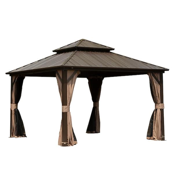 10 ft. x 10 ft. Aluminum Hardtop Gazebo with Galvanized Steel Double Roof Netting Curtains