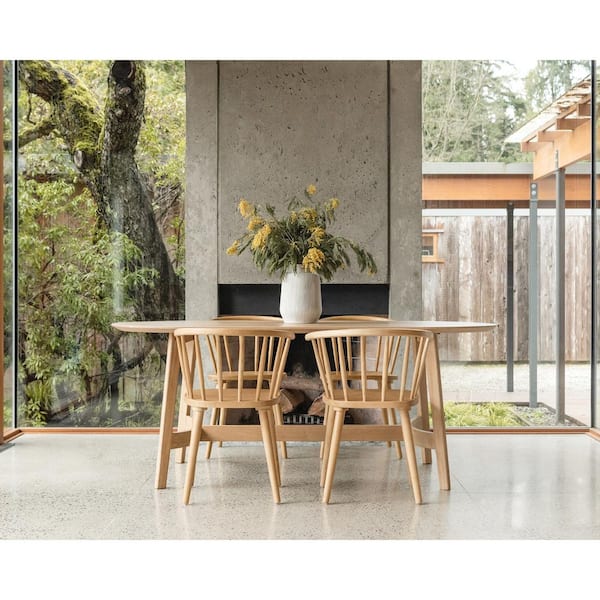 Odhran Scandinavian Natural Solid Oak Wood 76 in. Trestle Base Oval Dining Table, (Seats-6)