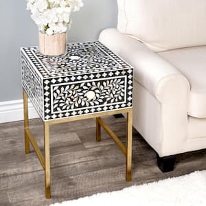 Purgenia 16 in. Black & White Rectangular Mother Of Pearl & Wood 1 Drawer End Table