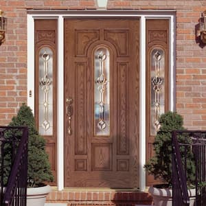 63.5 in.x81.625 in. Medina Brass Center Arch Lt Stained Medium Oak Right-Hand Fiberglass Prehung Front Door w/Sidelites