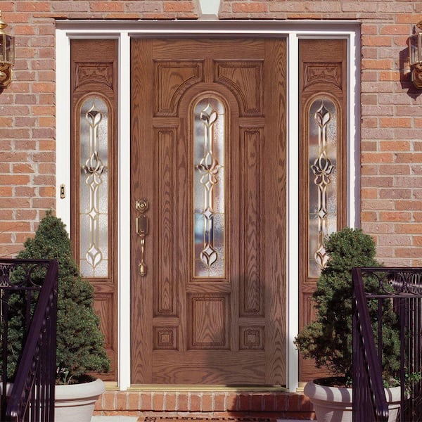 63.5 in.x81.625 in. Medina Brass Center Arch Lt Stained Medium Oak Right-Hand Fiberglass Prehung Front Door w/Sidelites