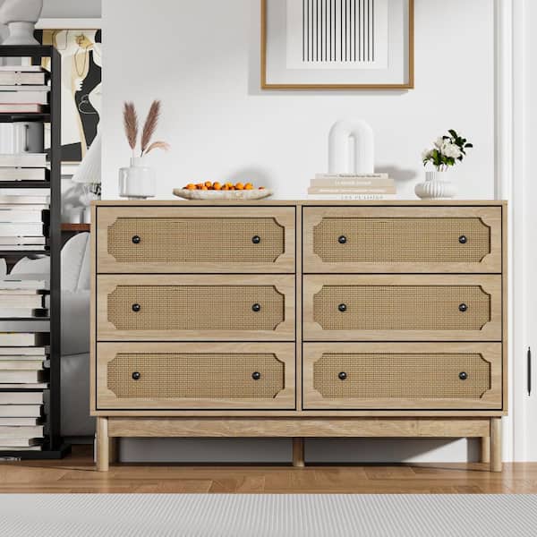 modern rattan dresser 6 Drawer - Tall Chest, Deep Storage, Long Wooden Cabinet for Entryway, Hallway, Kids Room or even your favorite bedside reads Wood Rattan Dresser with 6
