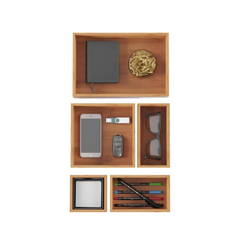 Modular Bamboo 5-Compartment Desk Drawer Organizer