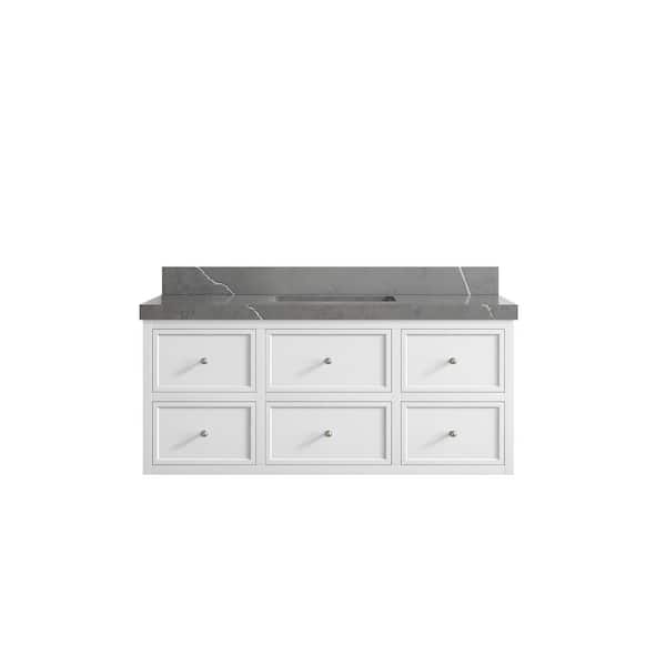 Willow Collections Roswell Floating 48 in. Single Sink Freestanding White Bath Vanity with Piatra Gray Qt. Top Unassembled