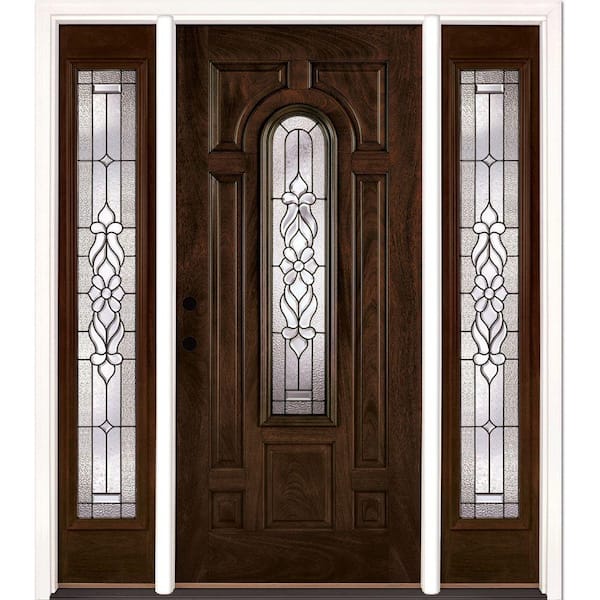 Feather River Doors 63.5 in. x 81.625 in. Lakewood Patina Stained Chestnut Mahogany Right-Hand Fiberglass Prehung Front Door with Sidelites