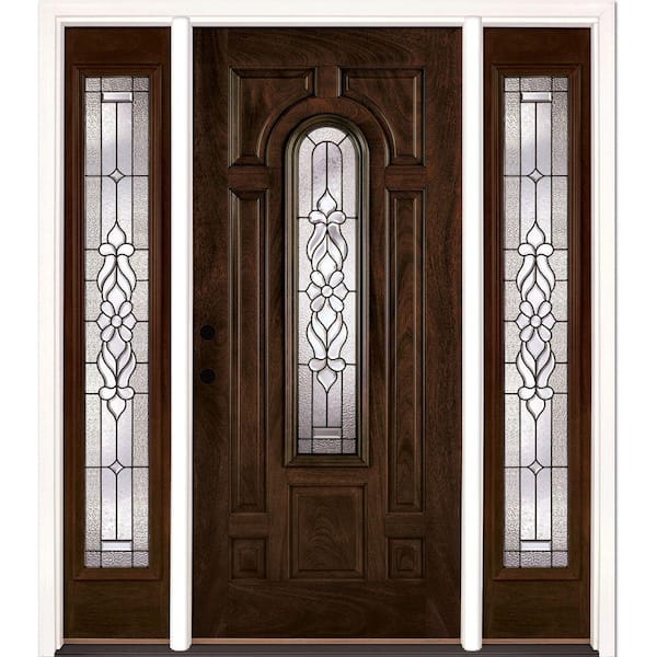 67.5 in. x 81.625 in. Lakewood Patina Stained Chestnut Mahogany Right-Hand Fiberglass Prehung Front Door with Sidelites