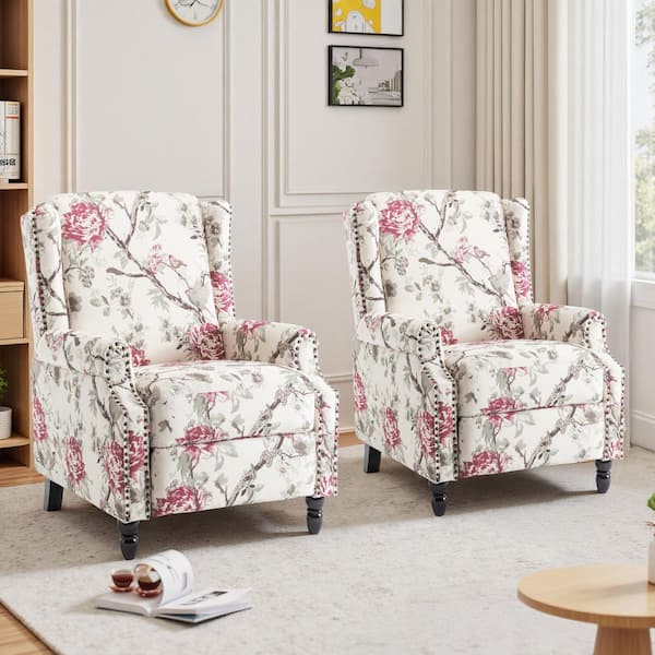Beige And Pink Floral Pattern Linen Nailhead Trim Upholstered Manual Recliner Chair with Adjustable Footrest(Set of 2)