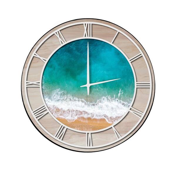 Unbranded "Beach Waves" Woodgrain Accent and White Numbers Imaged Wall Clock