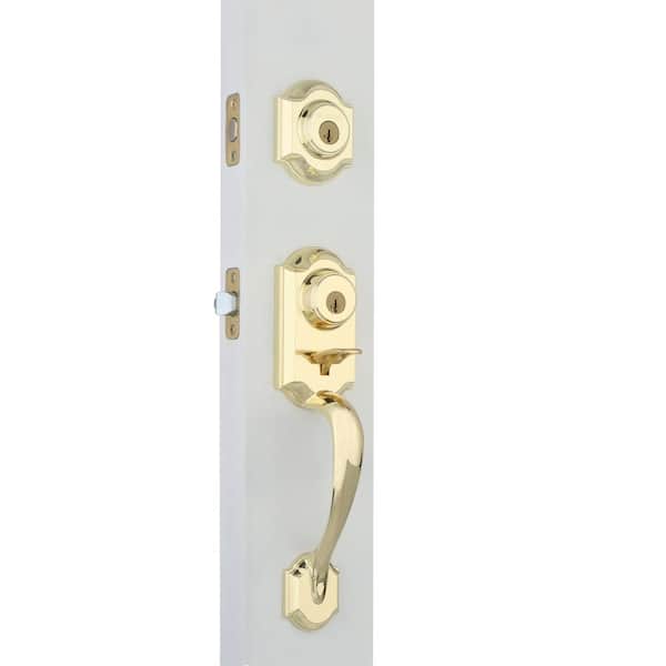 Montara Polished Brass Single Cylinder Door Handleset with Juno Entry Door Knob Featuring SmartKey Security